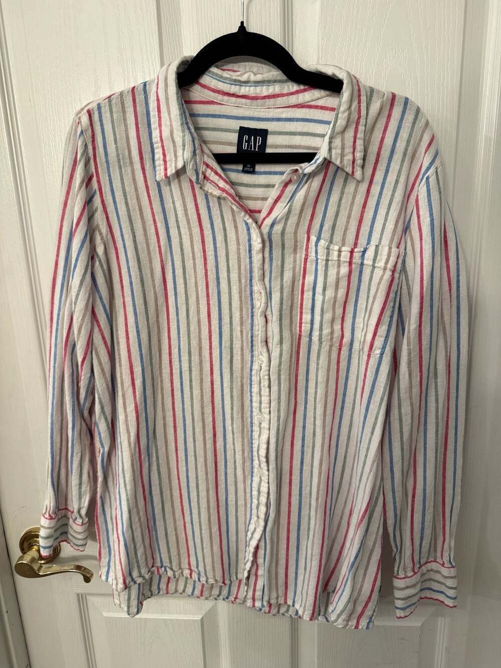 GAP Linen Blend Striped Button Down Shirt XL Coastal Summer Lightweight Blouse
